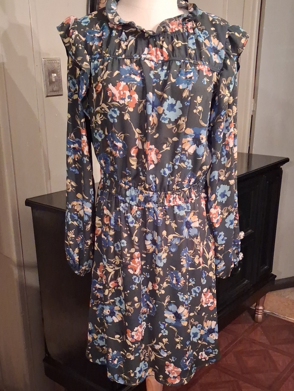 Emma & Michele Floral Long-Sleeve Ruffle Neck Dress